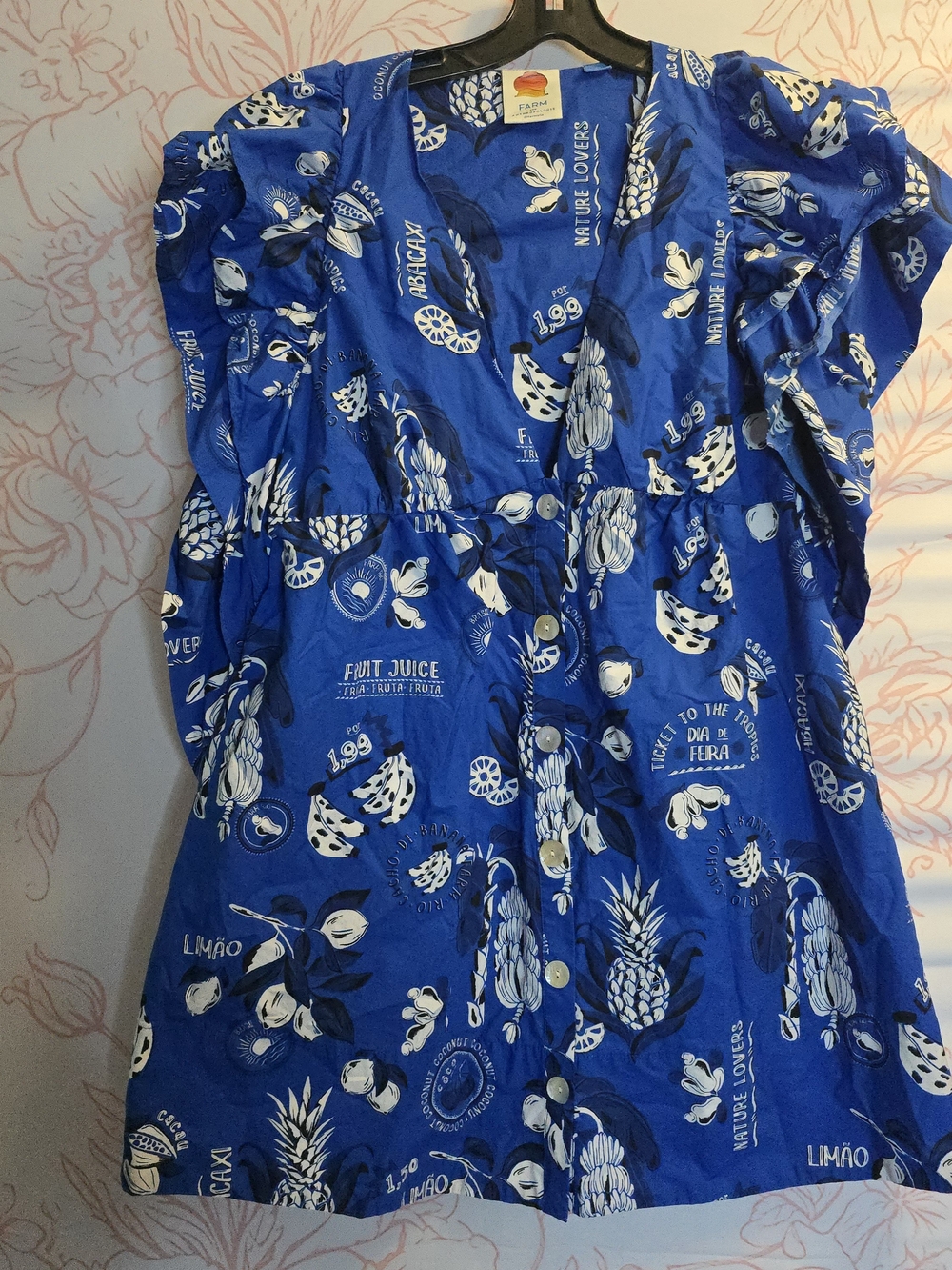 FARM Rio Flutter-Sleeve Babydoll Mini Dress- Blue Fruit Print - Picture 4 of 9